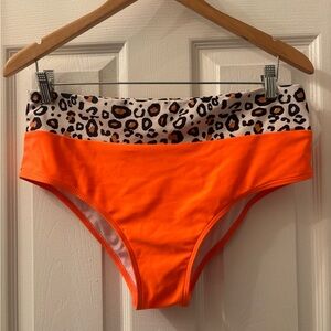 High-Waist Orange Bikini Bottom with Leopard Waistband
